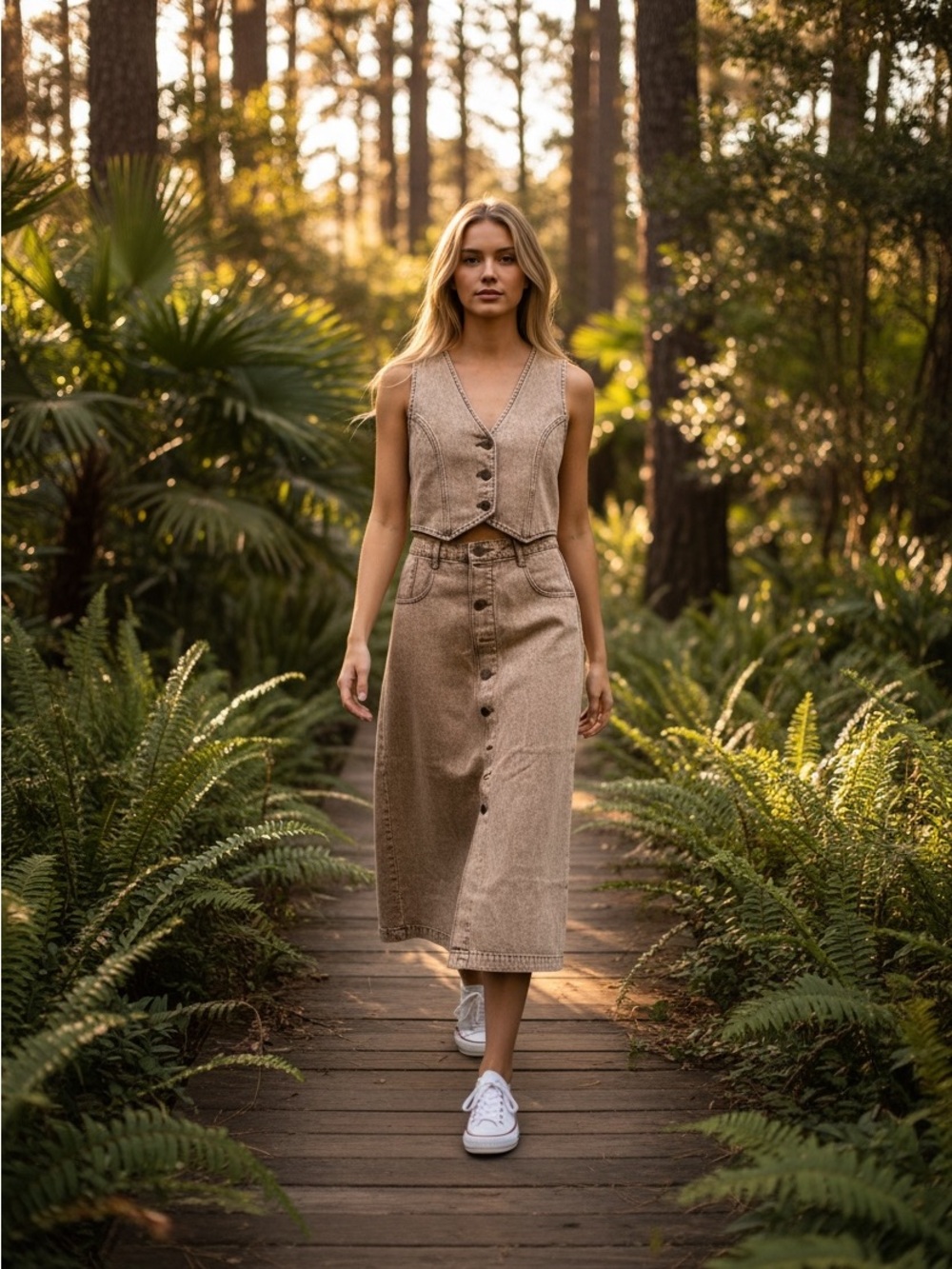 So Me Beige Button-Front Midi Skirt Set